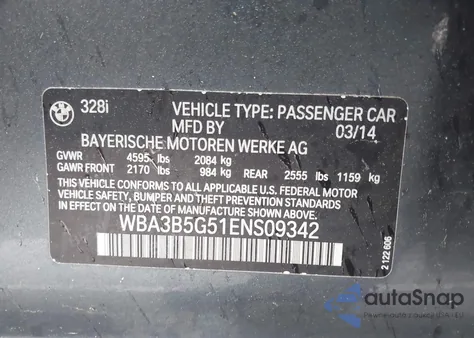 2014 BMW 328I xDrive из США, поврежденный, VIN WBA3B5G51ENS09342